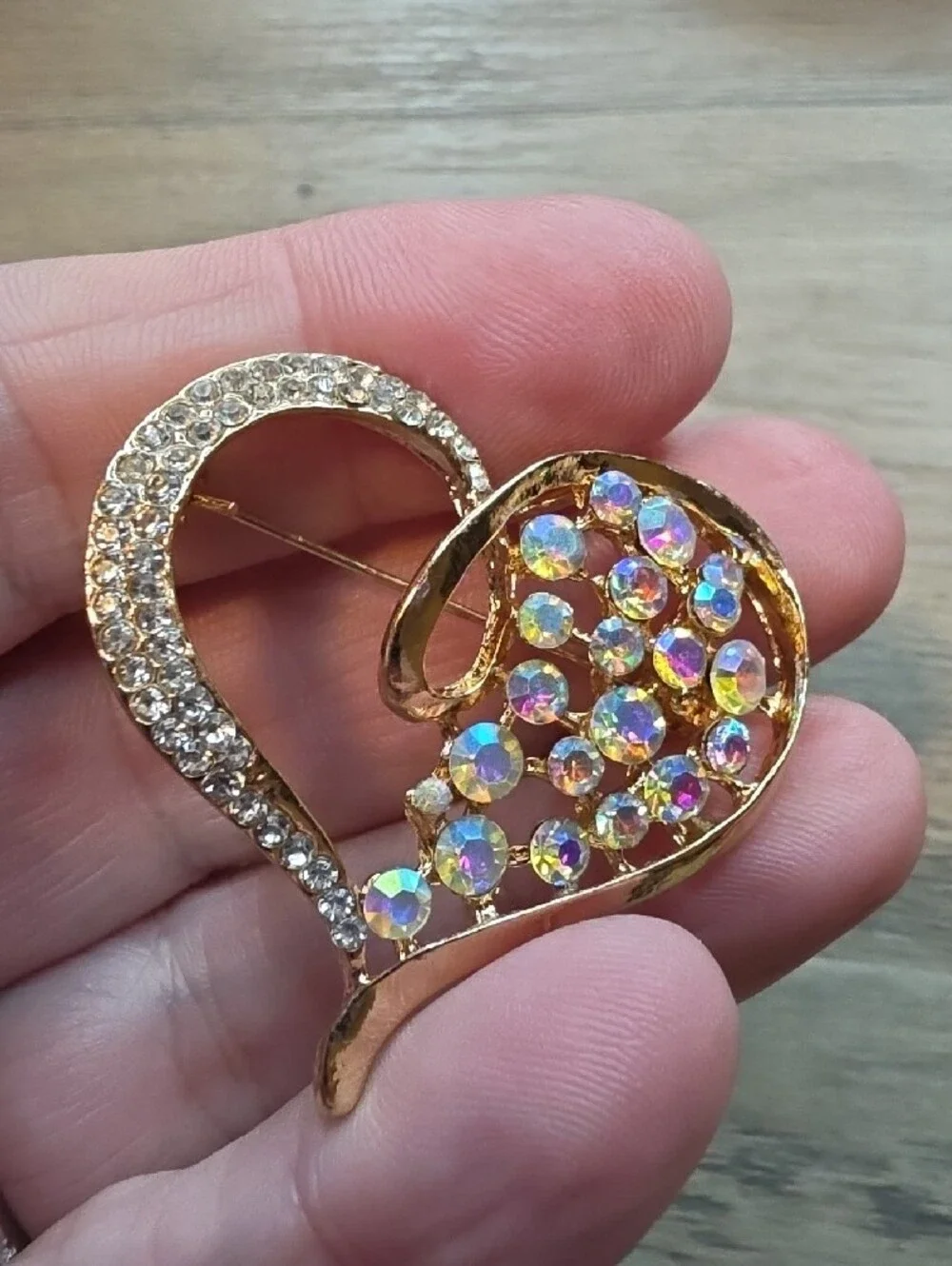 Gold Heart Brooch with Iridescent Crystals - Women Jewelry